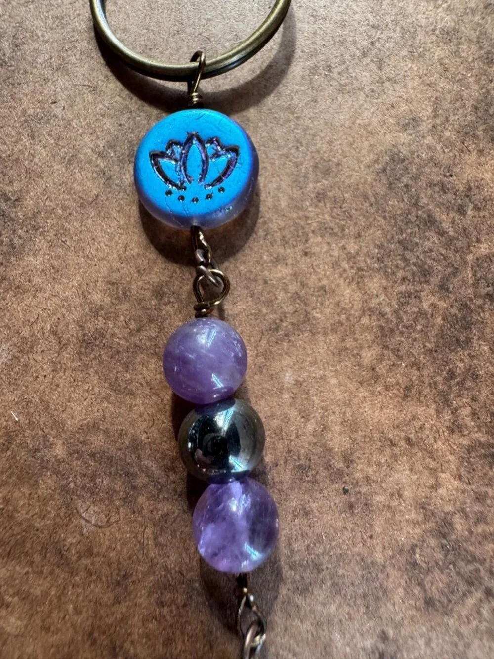 Boho purse, charm keychain with hematite and amethyst